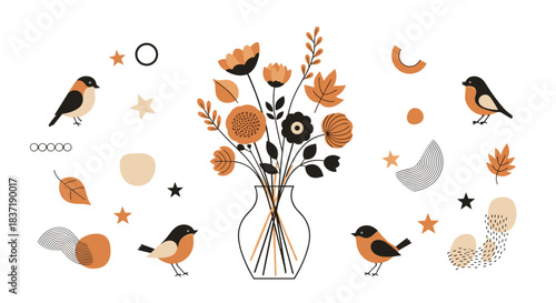 Elegant autumn collection featuring a modern bouquet in a vase, charming bullfinch birds, fall leaves, and abstract geometric shapes.