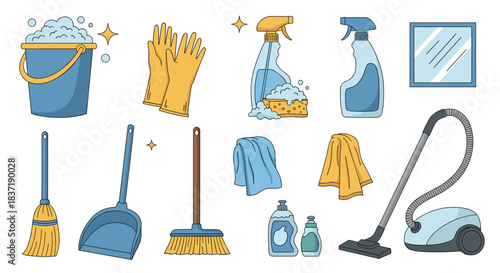 Comprehensive set of cartoon cleaning supplies including a vacuum cleaner, mop, broom, bucket, and spray bottles for housekeeping.