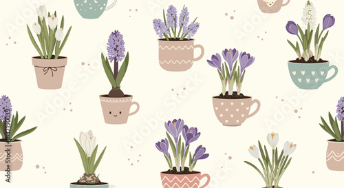 Charming seamless pattern of spring flowers like hyacinths and crocuses planted in cute, decorated pots and teacups for design.