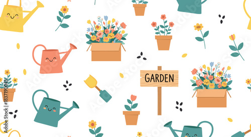 Adorable seamless gardening pattern for children featuring cute smiling watering cans, potted flowers, and garden signs on white.