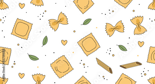 Cute seamless pattern of various Italian pasta types like ravioli and farfalle with basil leaves on a white background design.