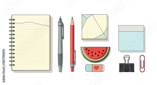 Top-down flat lay of various office and school supplies including a notebook, pens, sticky notes, and a cute watermelon eraser.