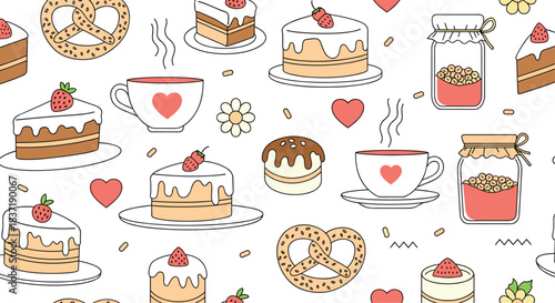 Sweet and charming seamless pattern featuring delicious cakes, teacups with hearts, pretzels, and jam jars on a white background.
