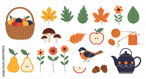 Cozy autumn collection of seasonal elements including a fruit basket, fall leaves, mushrooms, a teapot, and knitting supplies.