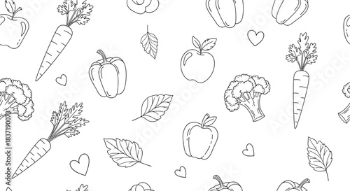 Seamless coloring page pattern featuring hand-drawn outlines of healthy vegetables and fruits like carrots, apples, and peppers.
