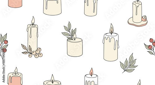 Cozy and minimalist seamless pattern of hand-drawn lit candles with dripping wax, decorated with botanical leaves and berries.