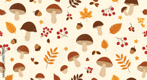 Cozy seamless autumn pattern featuring a variety of forest mushrooms, colorful fall leaves, acorns, and red rowan berries.