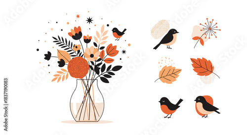 Modern autumn design set with a beautiful floral bouquet in a glass vase, cute birds, fall leaves, and abstract shapes.