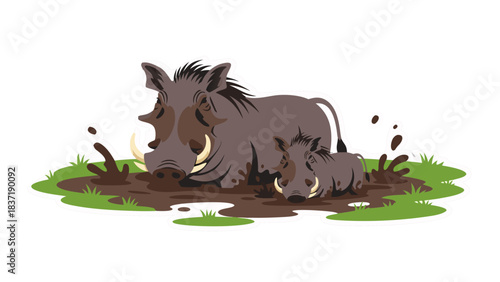 Two Warthogs Relaxing in a Mud Puddle on a Grassy Patch with Splashing Mud Detail and White Outline Against a Black Background Simple Cartoon Style Illustration