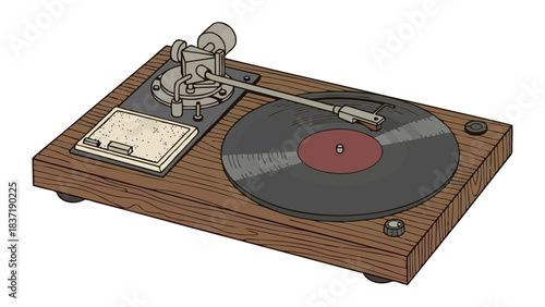 Vintage Turntable and Vinyl Record Retro Audio Playback Device Illustration
