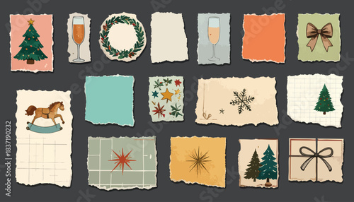 Holiday illustrations on torn paper, Christmas themed scrapbook