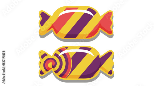 Two colorful candies with purple yellow and red stripes on a black background with subtle shadows underneath each candy