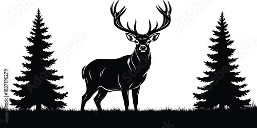 Deer silhouette vector, forest scene illustration, wildlife design element, nature composition, antlered animal, evergreen trees, black vector art, outdoor theme