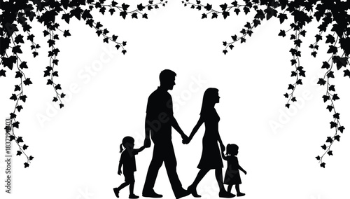 Vector Silhouette of a Family Holding Hands and Walking Together, Framed by Decorative Hanging Ivy Vines, Representing Love and Nature.