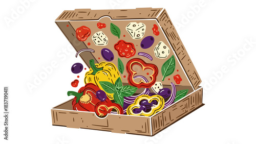 Creative Pizza Box Overflowing with Fresh Vibrant Vegetables and Ingredients