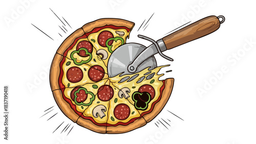 Freshly Sliced Pepperoni and Vegetable Pizza Being Cut with a Pizza Cutter Perfect for Food Blogs Restaurants and Celebrations