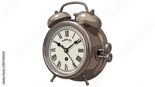 Vintage Alarm Clock Retro Timepiece with Roman Numerals Isolated on White Background