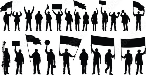 Vector Silhouette Set of Protesting People Holding Signs, Flags, and Banners, Representing Public Demonstration, Riot, and Social Activism.