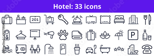 Hotel icons representing various amenities and services in line art style  