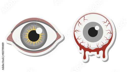 Two Stylized Eyes One Healthy Gray and Yellow Iris Other Bloody Red and Gray Iris Dripping Blood on Black Background Detailed Vector Illustration