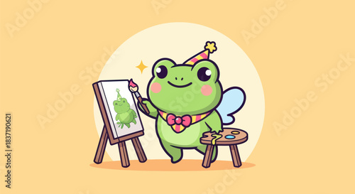Cartoon frog painting art creative illustration with brush and easel