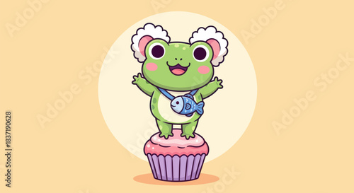 Cartoon frog stands atop cupcake isolated on soft yellow background design
