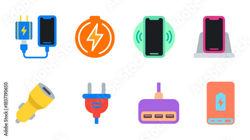 Technology and power supply flat icon set including various mobile phone chargers, adapter plugs, and power bank illustrations on a light background.