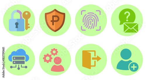 Digital security and user access flat round icons collection: encryption, fingerprint, cloud server, sign in, and account management concepts on a green background.