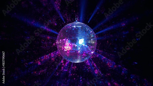 Disco ball illuminated against a dark background with light beams party concept