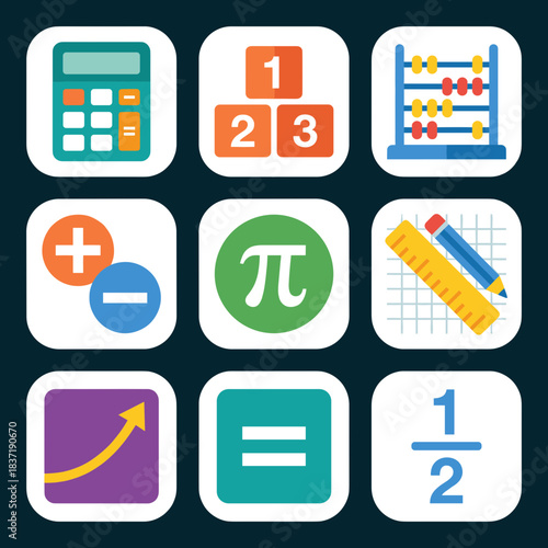 Educational mathematics and calculation flat icon set: calculator, abacus, numbers, fractions, pie symbol, and graph illustrations on a dark background.