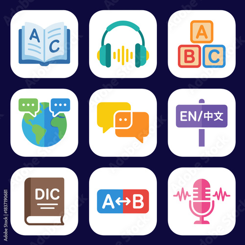 Language learning and translation flat icons set: dictionary, audio, conversation, foreign language, microphone, and education concepts.