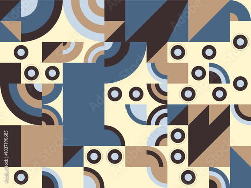 Geometric Pattern Featuring Shapes and Circles in Various Shades of Brown and Blue on a Cream Background