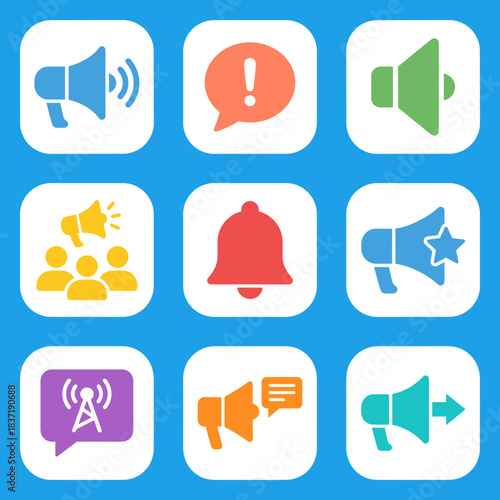 Communication, promotion, and notification flat icons set featuring various megaphone, speaker, alert, and broadcast symbols on a blue background.