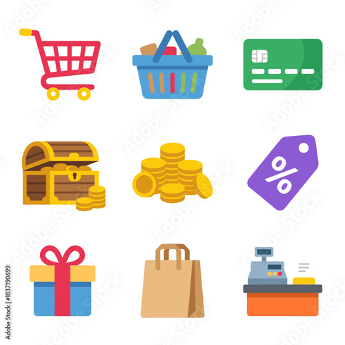 Shopping, finance, and retail flat icons set: cart, basket, credit card, treasure chest, coins, discount tag, gift box, and cash register symbols.
