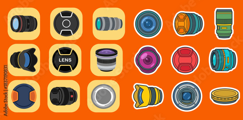 Photography and video equipment flat sticker icons set: collection of various interchangeable camera lenses and protective caps on an orange background.
