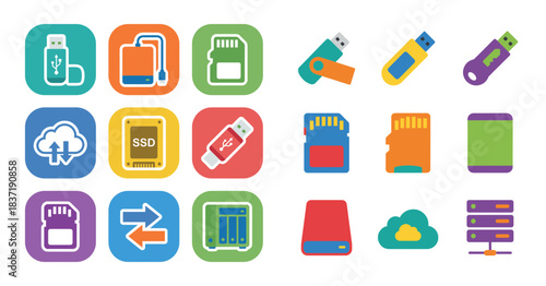 Data Storage and Transfer Icon Set: USB Flash Drives, SSD, Memory Cards, Cloud Computing, and Server Network Devices Vector