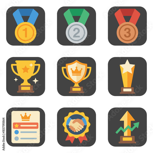 Awards and Achievements Icon Collection: Gold Silver Bronze Medals, Trophies, Certificates, and Success Growth Symbols Vector