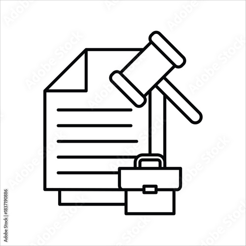 Outline vector icon symbolizing the legal system, business law, and professional advocacy, featuring a document, a judge's gavel, and a lawyer's briefcase for legal matters