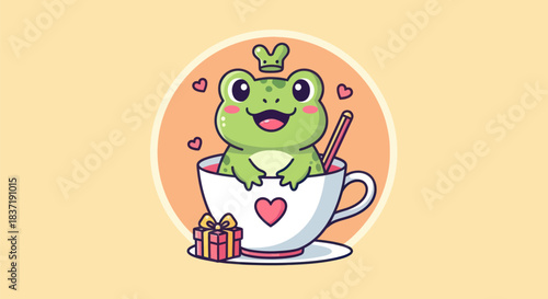 Cartoon frog with crown in cup surrounded by hearts and gift illustration