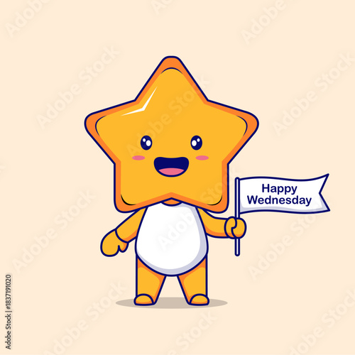 Star cartoon with happy wednesday flag, perfect for social media posts, greeting cards, newsletters, and motivational content design projects