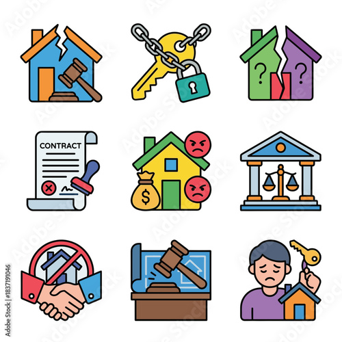 Set of Vector Flat Icons Property Real Estate Law Legal Disputes Contract Housing Divorce Family Problems Financial Issues and Court Judgment Symbols