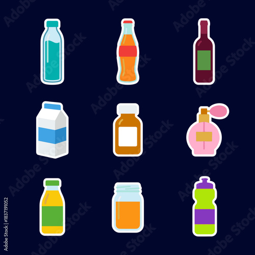 Variety of Bottled and Jarred Products Flat Vector Icon Set Including Water Soda Wine Milk Medicine Perfume Juice Jam and Sports Drink Containers