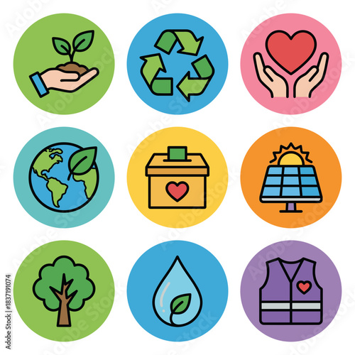 Ecology Environment Nature Conservation and Charity Flat Vector Icon Set Including Plant Earth Recycling Heart Donation Box Solar Panel Tree and Water Drop Symbols