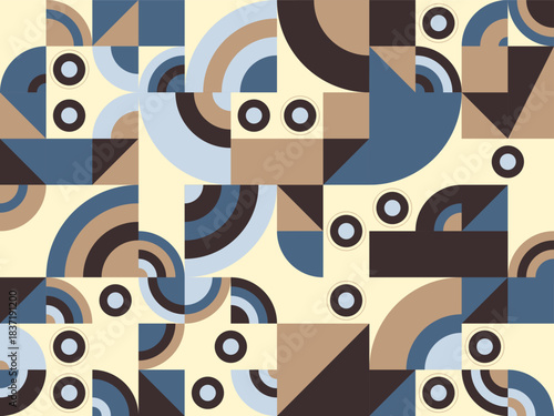 Geometric shapes and abstract patterns in a seamless design, viewed from directly above, showcasing a harmonious blend of modern elements