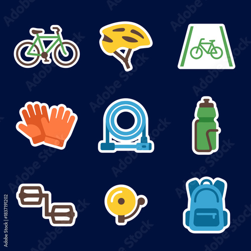 Flat vector icons of cycling and bicycle accessories, including helmet, gloves, bell, backpack, water bottle, pedals, and bike lane sign