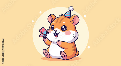 Cartoon hamster celebrating with butterfly and party hat on a yellow background