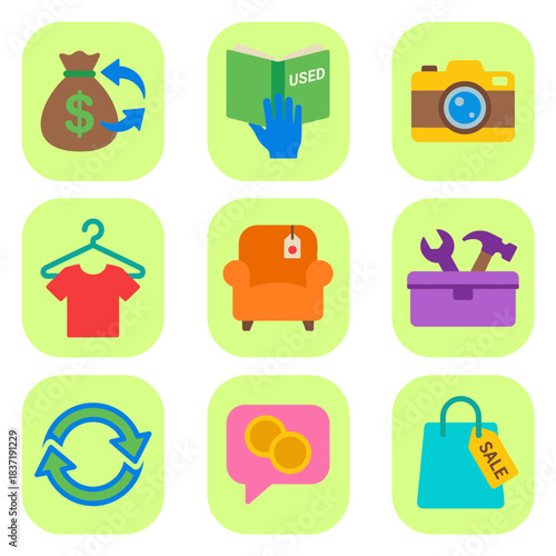 Second-hand market and recycling icons with concepts like money exchange, used book, clothes, camera, furniture, tools, and shopping bag
