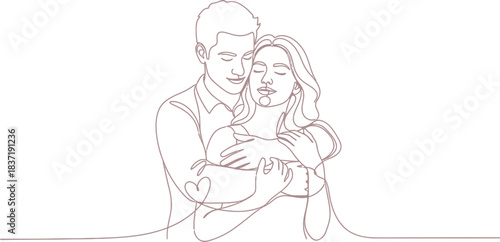 Minimalist continuous line drawing depicts a tender moment of a loving couple embracing in deep affection