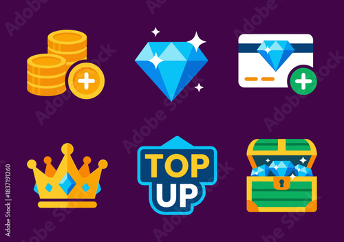 Gaming and reward icons representing virtual currency, diamonds, gems, top-up, treasure chest, and premium currency for online mobile games