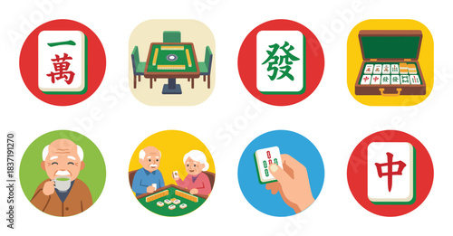 Mahjong game and players icons set, featuring tiles, table, box, elderly people, hand holding tile, and cultural leisure activity illustration